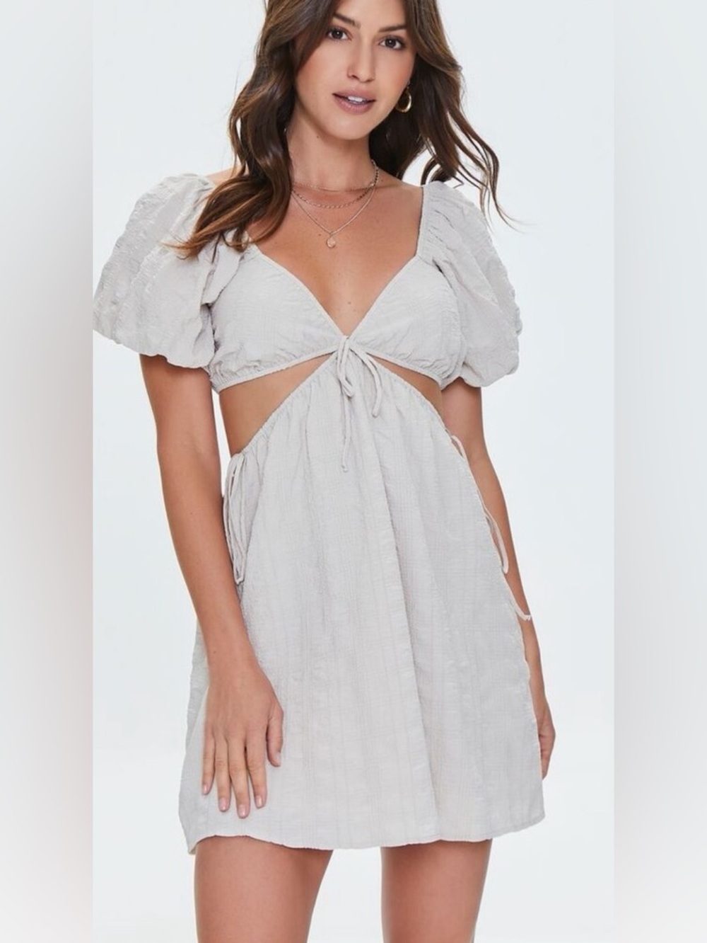 Mini Dress Neural Taupe Summer A Line Lightweight Backless Puff Sleeve Cutout